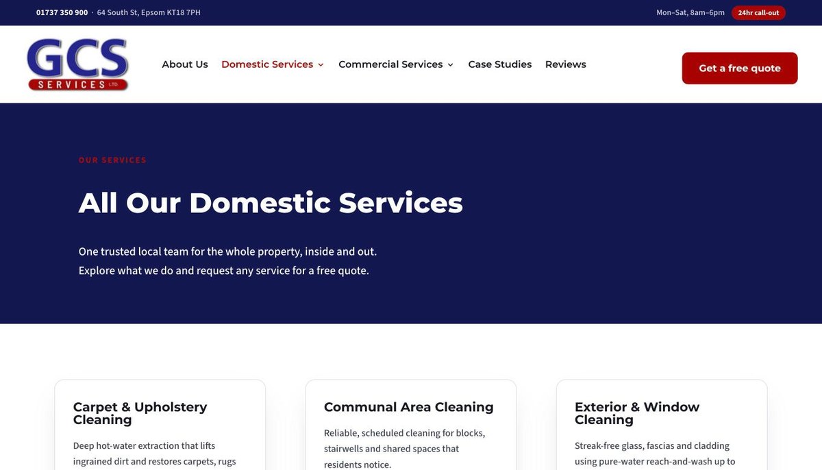 GCS Services domestic services page, designed and built by Oz Digital