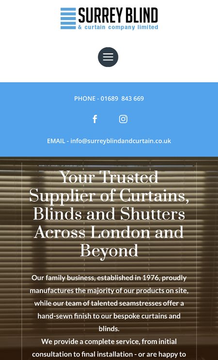 Surrey Blind & Curtain Co. website on a phone